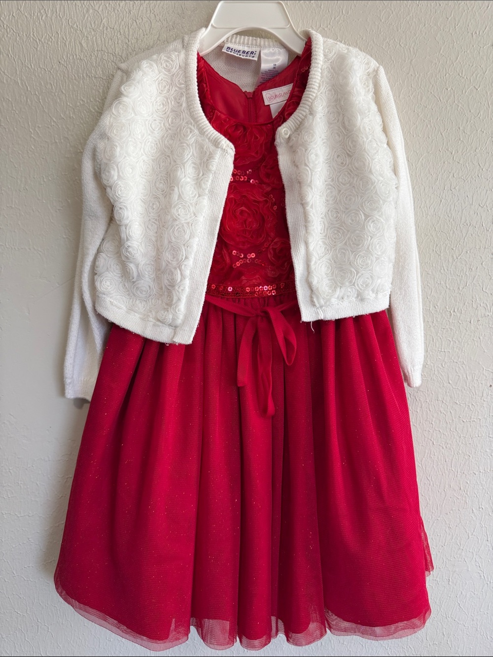 Girls' Red Sequin Tulle Dress with White Bolero Jacket